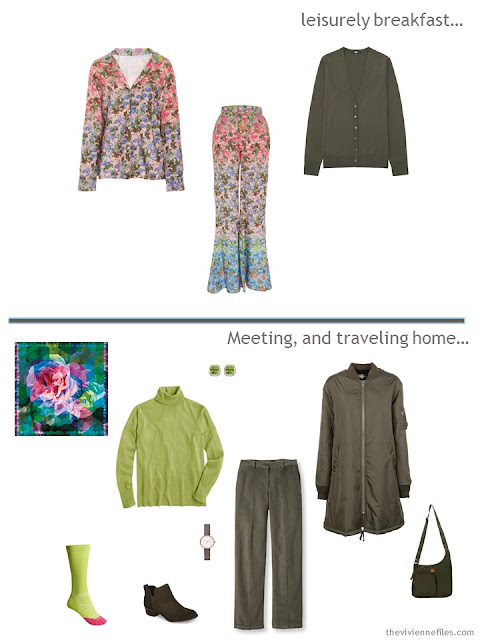 2 outfits from a travel capsule wardrobe in olive with blue, pink and green accents 2 outfits from a travel capsule wardrobe in olive with blue, pink and green accents