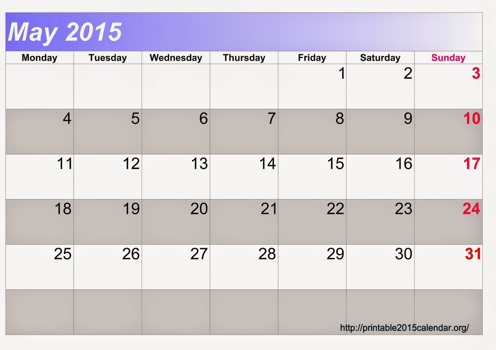 calendar template for may 2015
