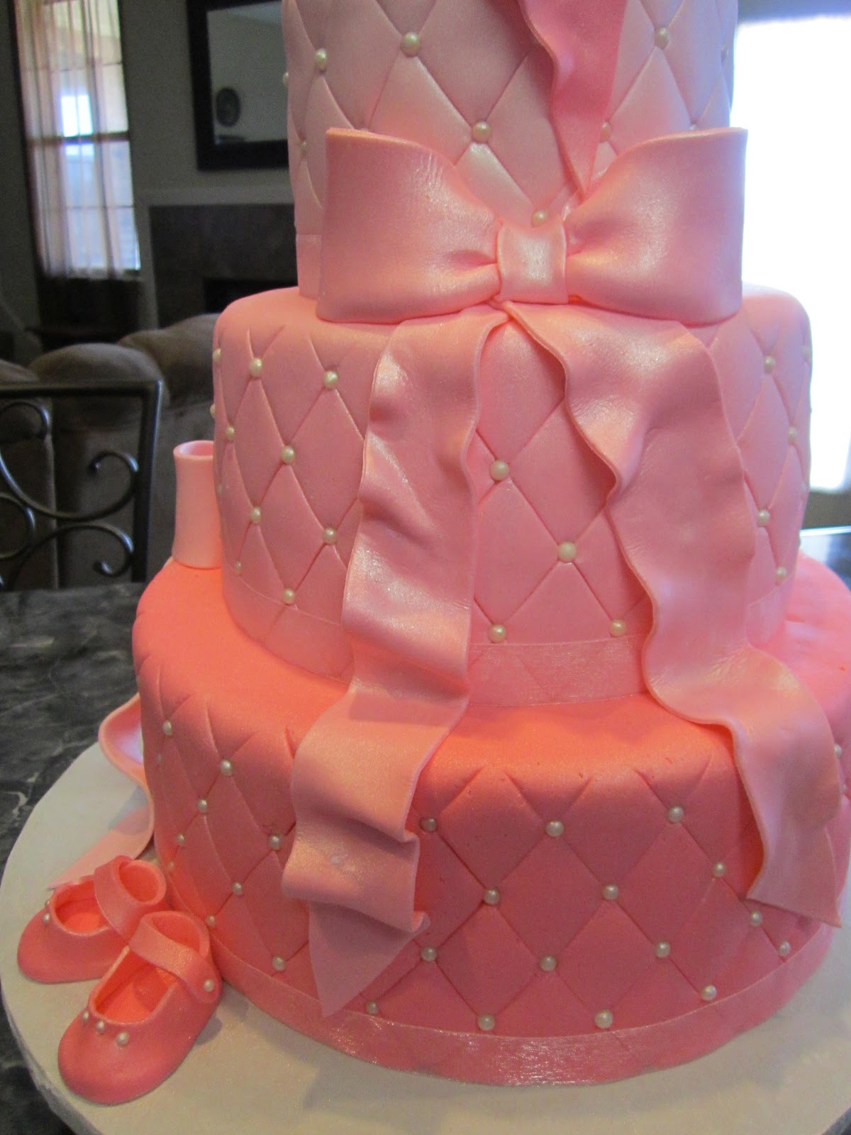 MyMoniCakes: Three Tier Quilted Pink & Pearl Baby Shower Cake with Booties & Bows