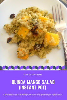 Quinoa Mango Salad:  This salad is filled with healthy goodness such as quinoa, mangoes and cranberries and doused with a light white wine vinaigrette that brings it all together. - Slice of Southern