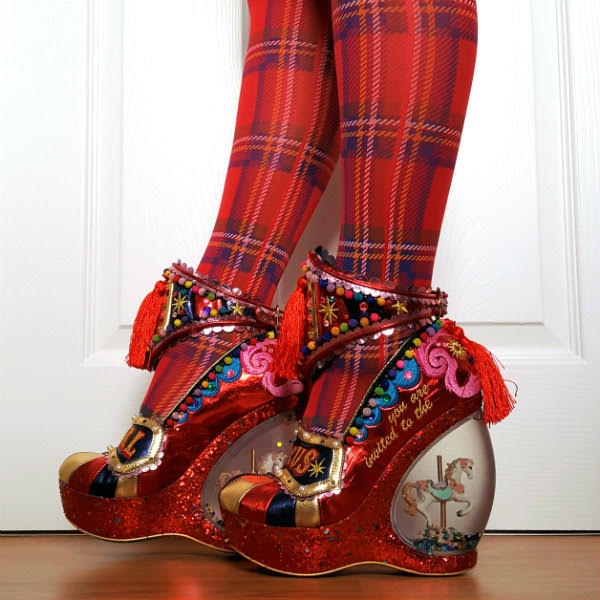 You're Invited limited edition shoes walking wearing red metallic circus themed shoes with carousel horse heel