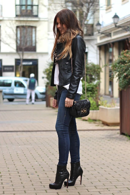 Street style leather jacket, denim and heels | Luvtolook | Virtual Styling