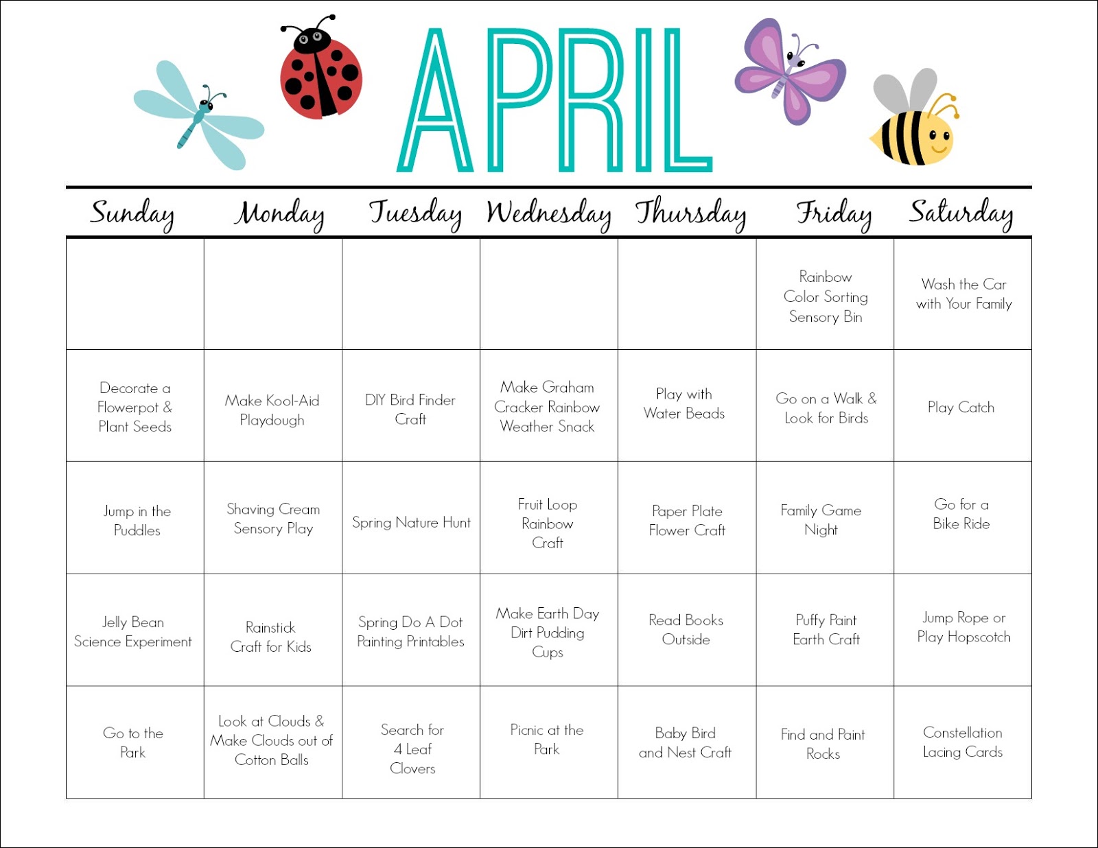 Printable Take Home Activity Calendar