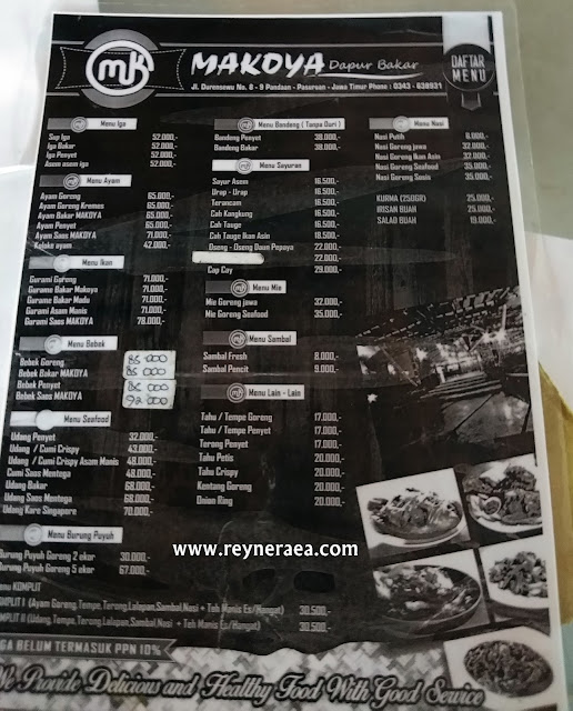 menu dan harga makanan di restoran Makoya pandaan