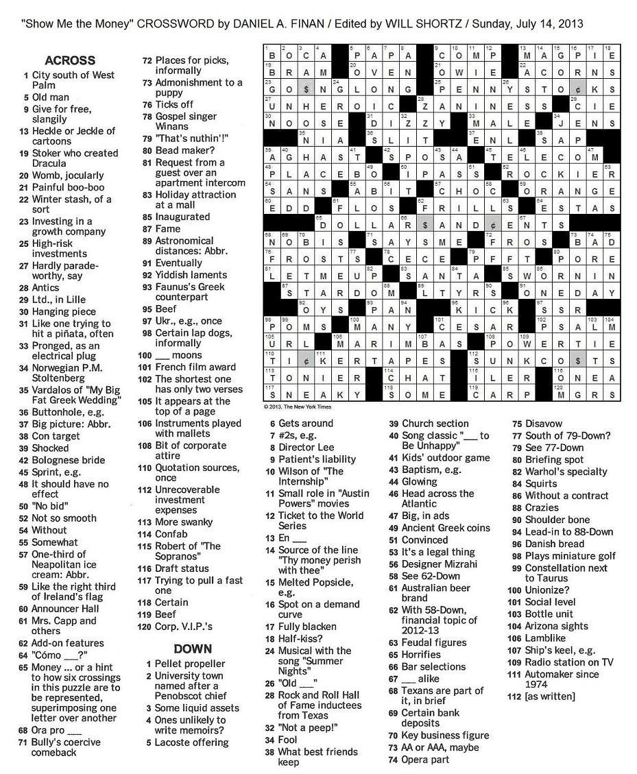 The New York Times Crossword in Gothic: 07.14.13 — Show Me the Money