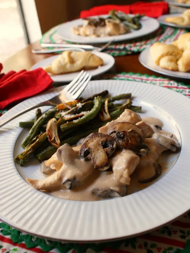 Creamy Parmesan Chicken with Baby Bellas and Garlic Roasted Green Beans