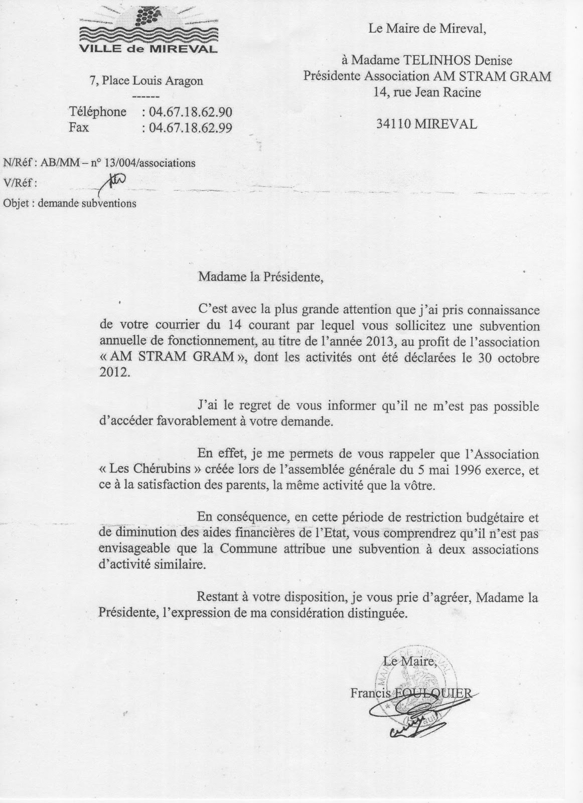AM Stram Gram Demande de subvention  Réponse