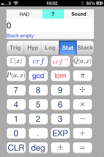 iOS App SciStatCalc screenshot Fourth segment - stats related function, Gamma function, upper and lower incomplete gamma function, error function, inverse error function, least common multiple, greatest common divisor, pi