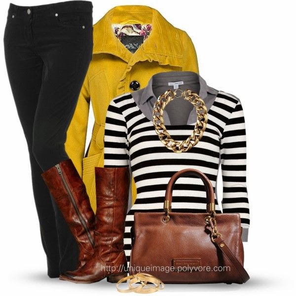 Yellow coat black and white sweater long boots with hand bag College ...