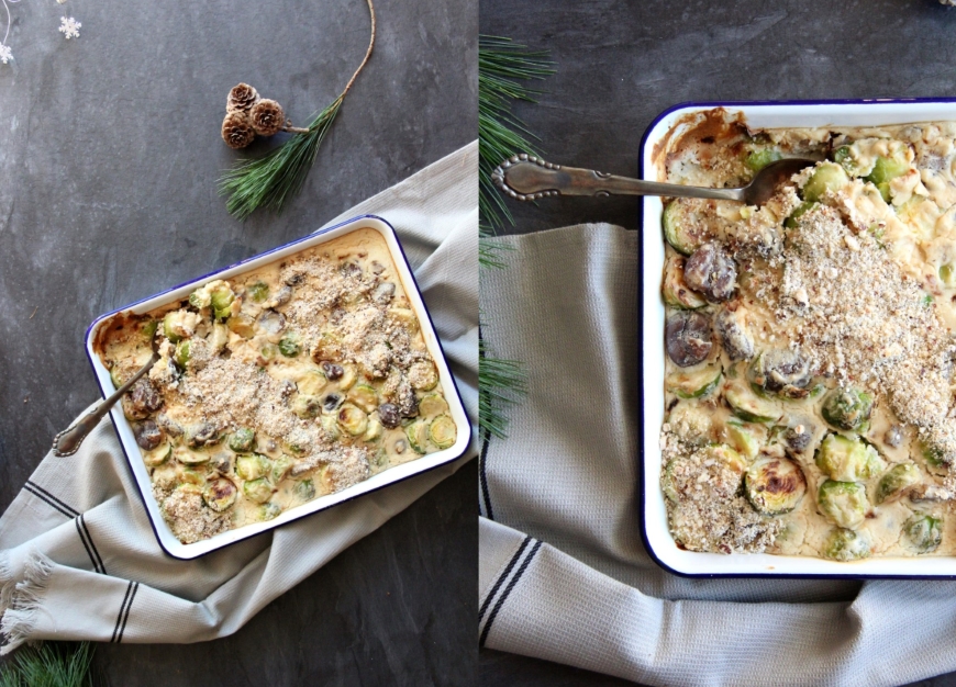 Cremiges Rosenkohl-Maronen-Gratin mit Hafer-Nuss-Crunch - Kirschbiene kocht