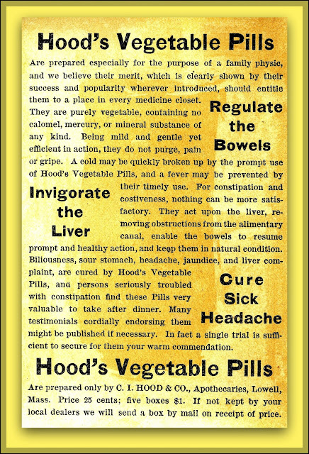 Claim is: "Biliousness, sour stomach, headache, jaundice and liver complaint are cured by Hood's Vegetable Pills...