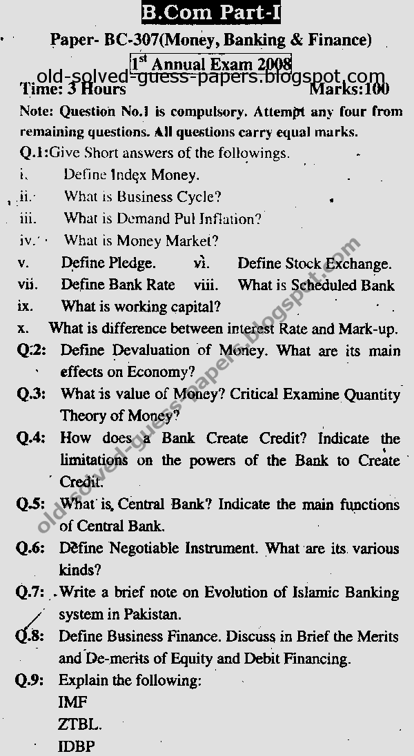 Money Banking and Finance (MBF) BC307 Old, Solved and Guess Papers