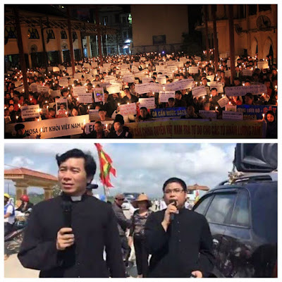 Linh mục Nguyễn Đình Thục và Đặng Hữu Nam đang kích động giáo dân biểu tình, gây rối (ảnh dưới)
