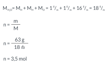Cálculo da quantidade de matéria presente em 63 g de água usando a fórmula