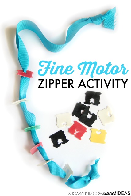 Teach kids how to use a zipper and Help kids learn how to zipper clothing using recycled materials that you probably have in your house. This activity works on all of the individual skills needed for the motor planning of zippering a zipper and uses just a ribbon and plastic bread ties.