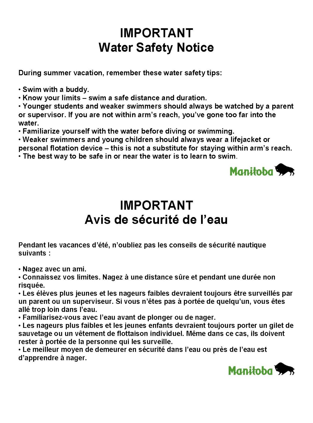 École Golden Gate Middle School Water Safety Reminder for Parents