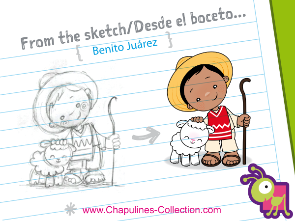  Colección Chapulines en español Benito Juárez, Boceto e ilustración.