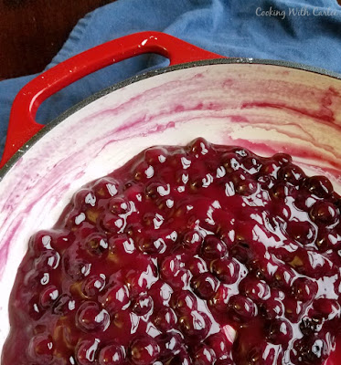 blueberry topping in enameled cast iron braiser