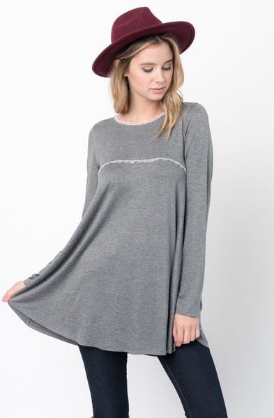 Buy Now Charcoal Lace Trim Long Sleeve Jersey Top Tunic Online - $34 -@caralase.com