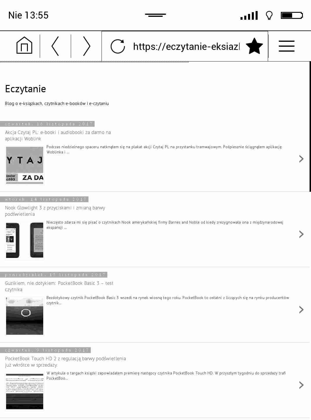 Strona Eczytanie w wersji mobilnej otwarta w przegladarce internetowej na czytniku PocketBook Touch HD 2
