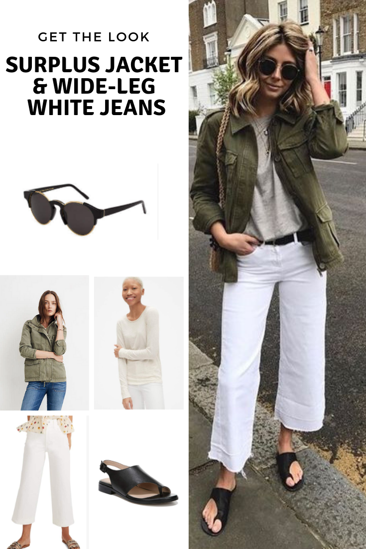 Get the look: surplus jacket and wide-leg white jeans - Cheryl Shops