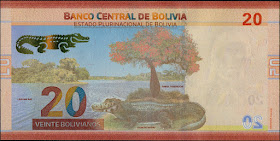 Bolivian Currency 20 Bolivianos banknote 2018 Black Caiman