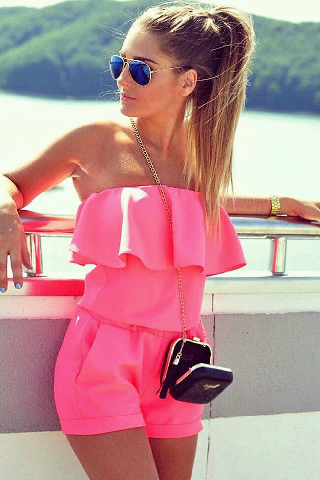 tpretty cool outfit / pink off shoulder jumpsuit + bag
