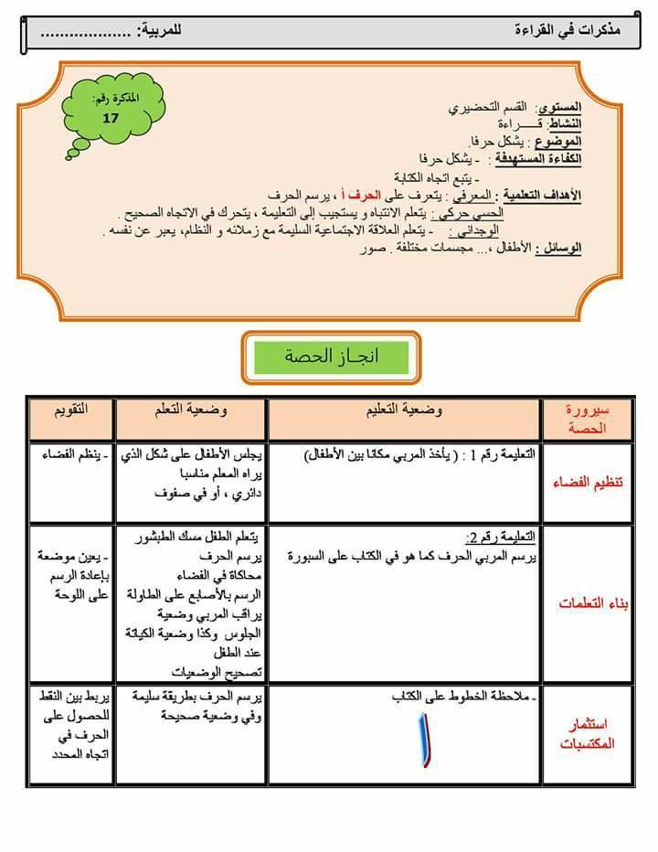 مذكرات القراءة للقسم التحضيري موارد المعلم