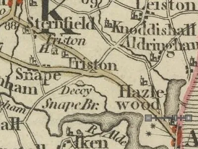John Careys map of 1794 that clearly depicts the Aldeburgh road branching prior to its junction with the Snape road, to form the Benhall road to the left and the Saxmundham road to the right. This also depicts the course of the road from Aldeburgh to Knodishall which runs to the south west of the River Hundred and makes a crossroads with the Snape road at what would be Coldfair Green