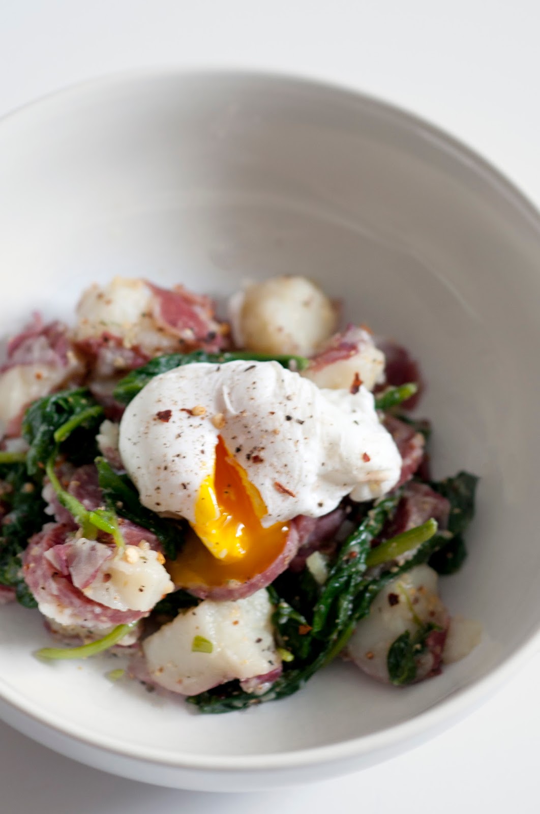 Lakyn + Judah Warm Honey Mustard Potato, Spinach, & Salami Salad + An Egg!