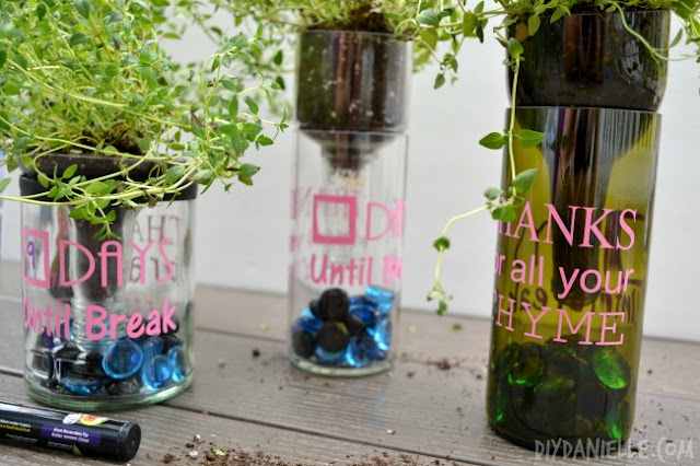 If you have some extra Thyme on your hands, make these easy teacher gifts from an upcycled wine bottle! Easy DIY Planter as a gift for teachers.