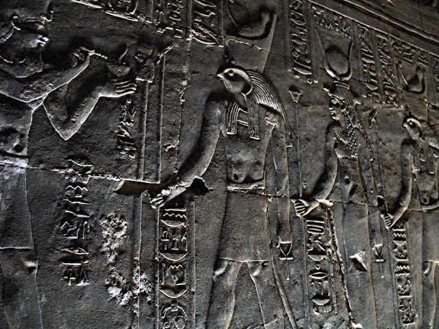 carved walls of Edfu temple in Egypt