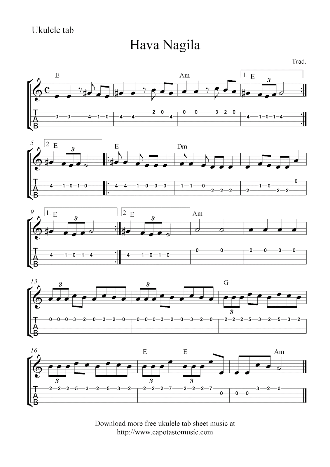 Easy Sheet Music For Beginners: Free ukulele tab sheet Nagila