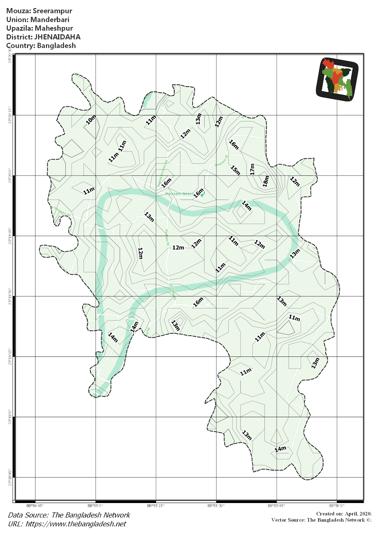 Map of Sreerampur Mouza of Maheshpur Upazila, JHENAIDAH, Bangladesh.