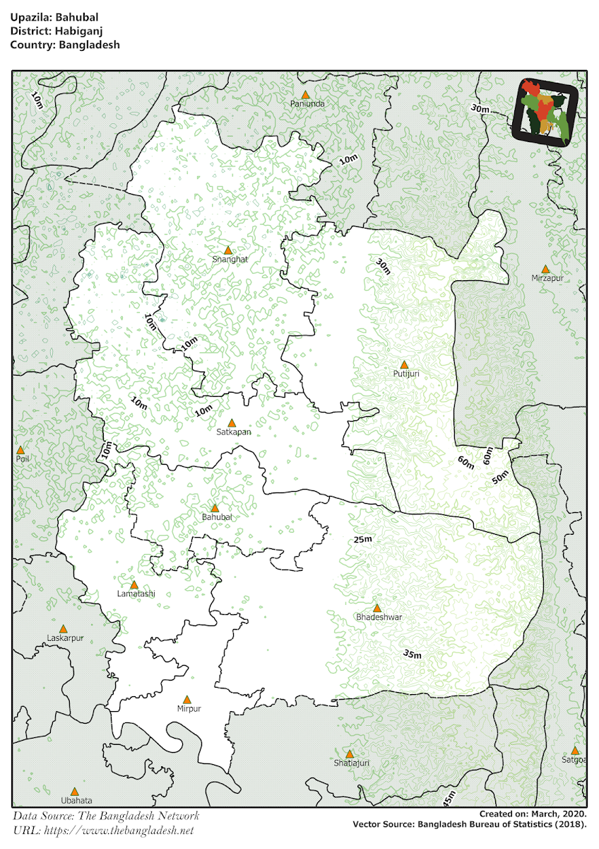 Bahubal Upazila Elevation Map Habiganj District Bangladesh