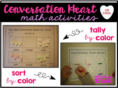 Valentine's Day math activity centers featuring 12 math skills, just add conversation hearts!