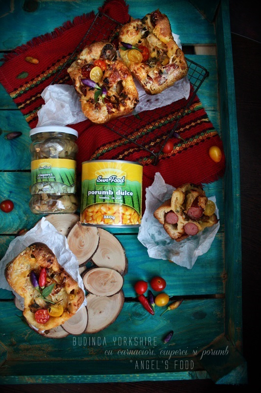 Budinca Yorkshire cu carnaciori, ciuperci si porumb