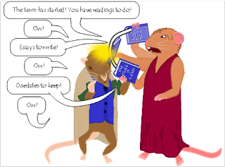Image: Jane beats Frank with a book while saying,
"The term has started! You have readings to do!"

"Ow!"

"Essays to write!"

"Ow!"

"Duedates to keep!

"Ow!"