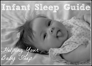 Text: Infant Sleep Guide Helping Your Baby Sleep. Picture: Black and white of baby laying on back sticking tongue out cutely