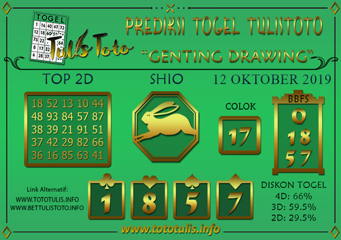 Prediksi Togel GENTING DRAWING TULISTOTO 12 OKTOBER 2019