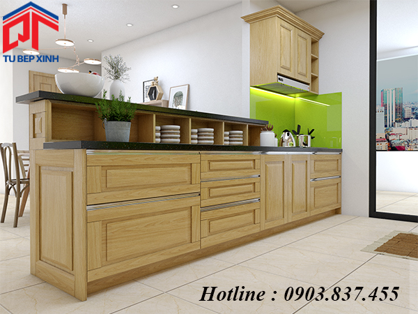 TỦ BẾP GỖ SỒI KẾT HỢP QUẦY BAR SANG TRỌNG VÀ ĐẲNG CẤP
