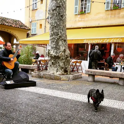 Things to see in Menton France: guitarist and dog