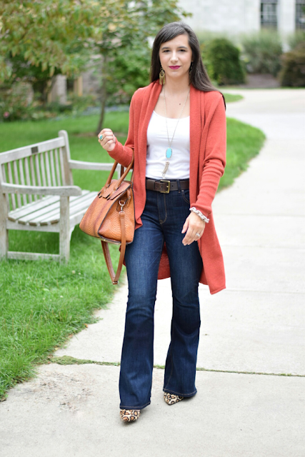 Affordable flare jeans for fall with soft cardigan