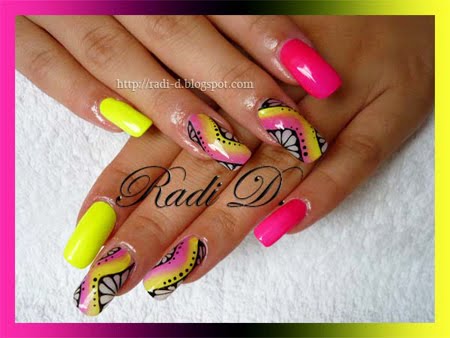 маникюр с неонови лакове и декорация
