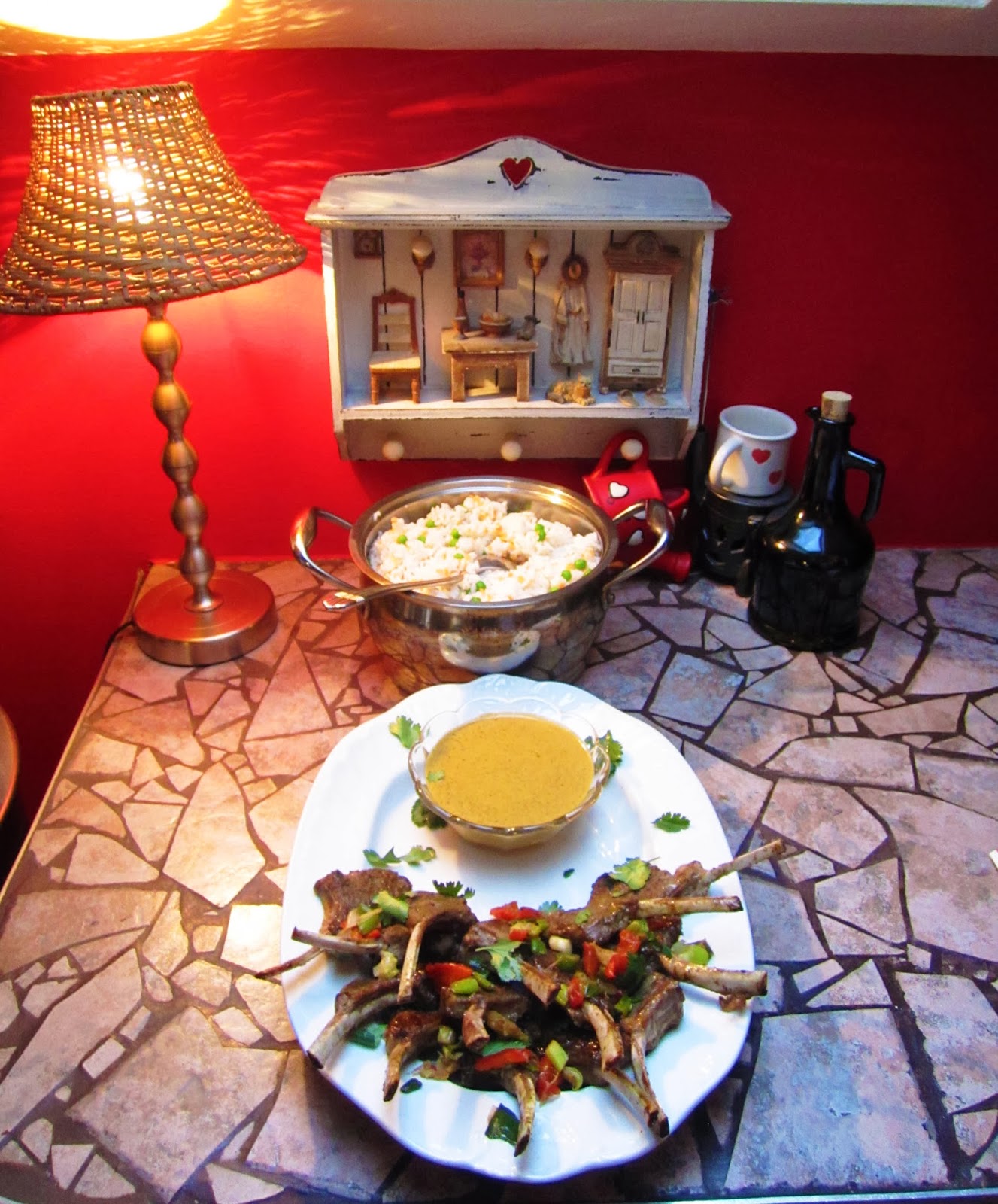 The Eva Lotta/Jamie Project Lamb Lollipops, Curry Sauce, Rice & Peas