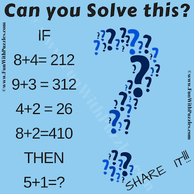 If 8+4=212, 9+3=312, 4+2=26, 8+2=410 Then 5+1=?. Can you solve this Genius Math Problem?