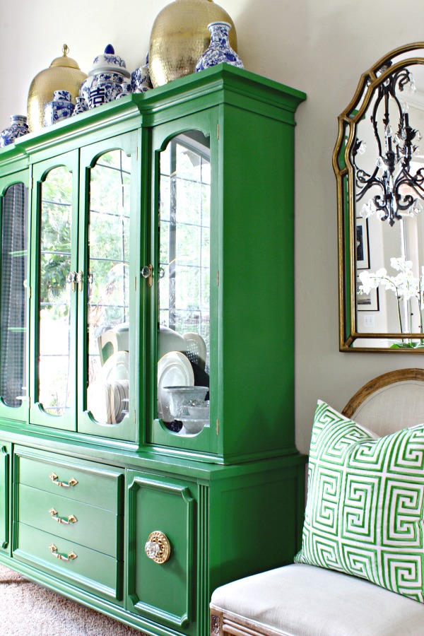 green china cabinet, blue and white accessories, dining room