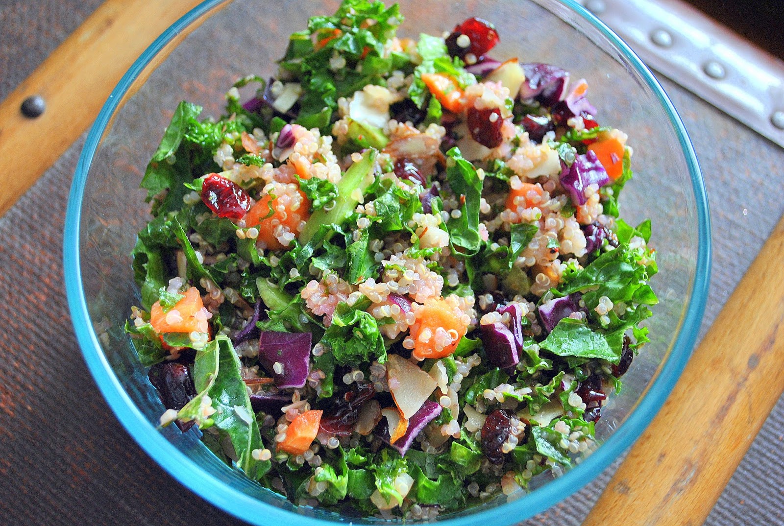 Quinoa & Kale Salad with Red Cabbage, Carrot, Cranberries & Almonds