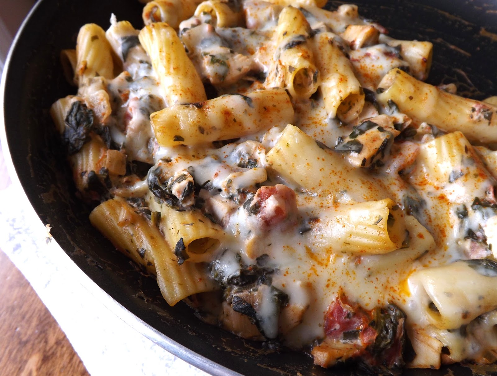 The BakeOff Flunkie Creamy Herbed Chicken, Rigatoni & Spinach