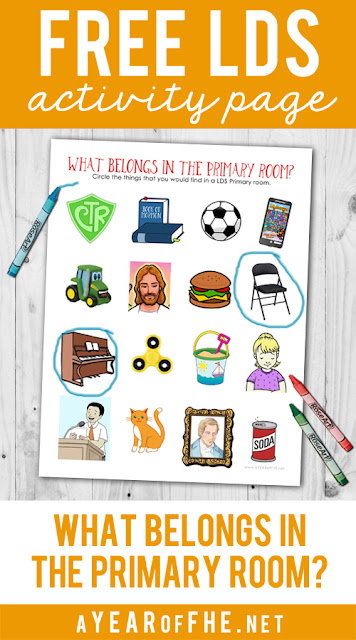 A Year of FHE // a free donwload of an Activity Page for young kids where they have to find and circle the items that belong in LDS Primary! This would be great for Primary, Sacrament Meeting, or a Family Home Evening lesson! 